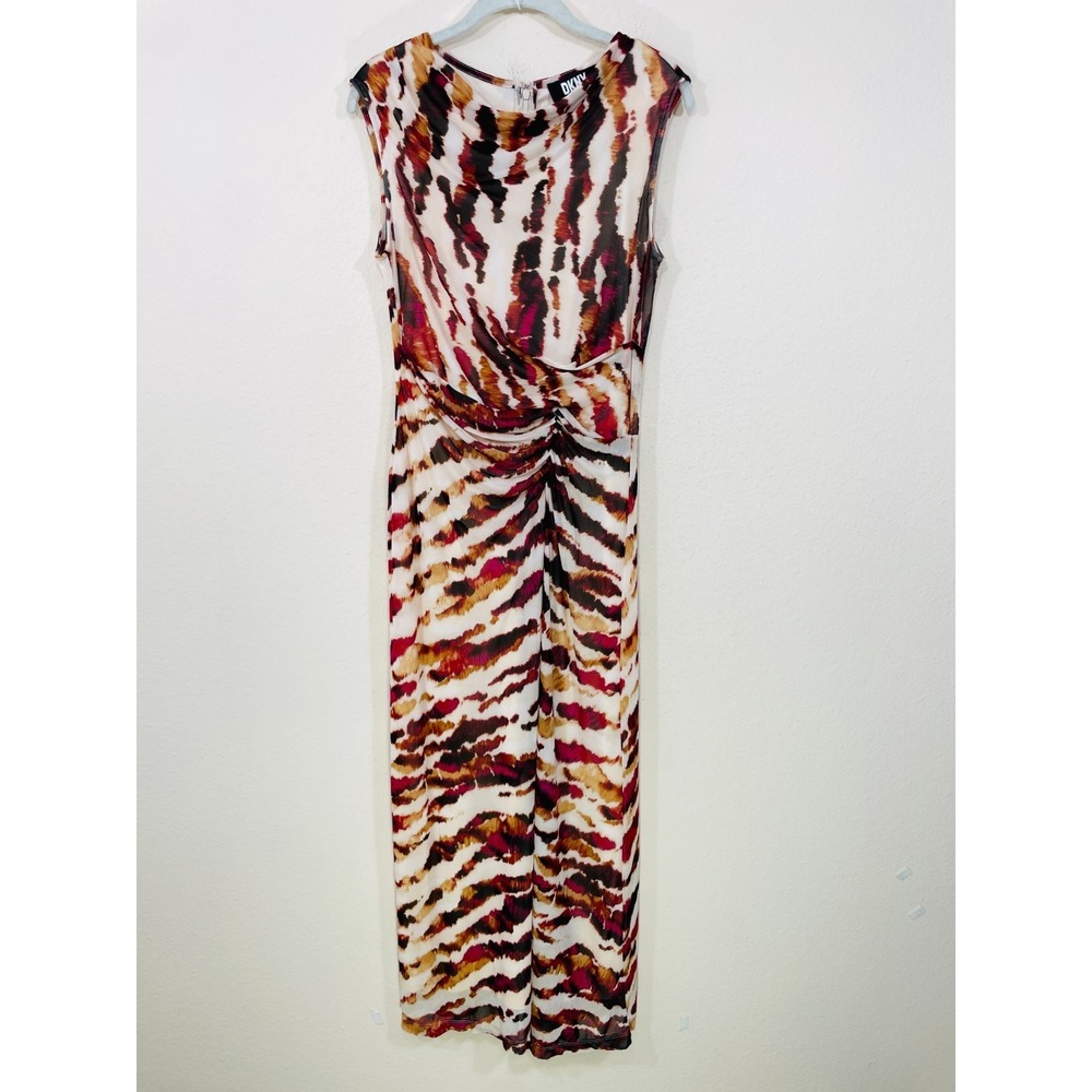 DKNY Draped Neck Sleeveless Maxi Dress Size 6 Overlay Ruched Stretch Brown Lined